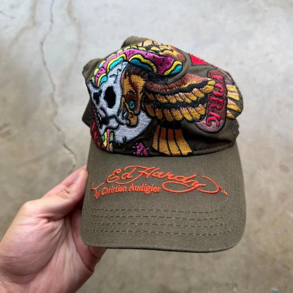 Y2K Ed Hardy embroidered trucker hat